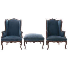 Antique French, 19th Century Louis XV Pair of Bergères with Ottoman