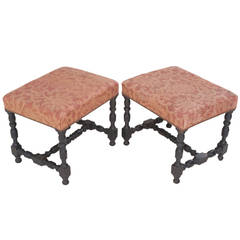 Antique French Pair of 1920's Wood Turned & Upholstered Stools