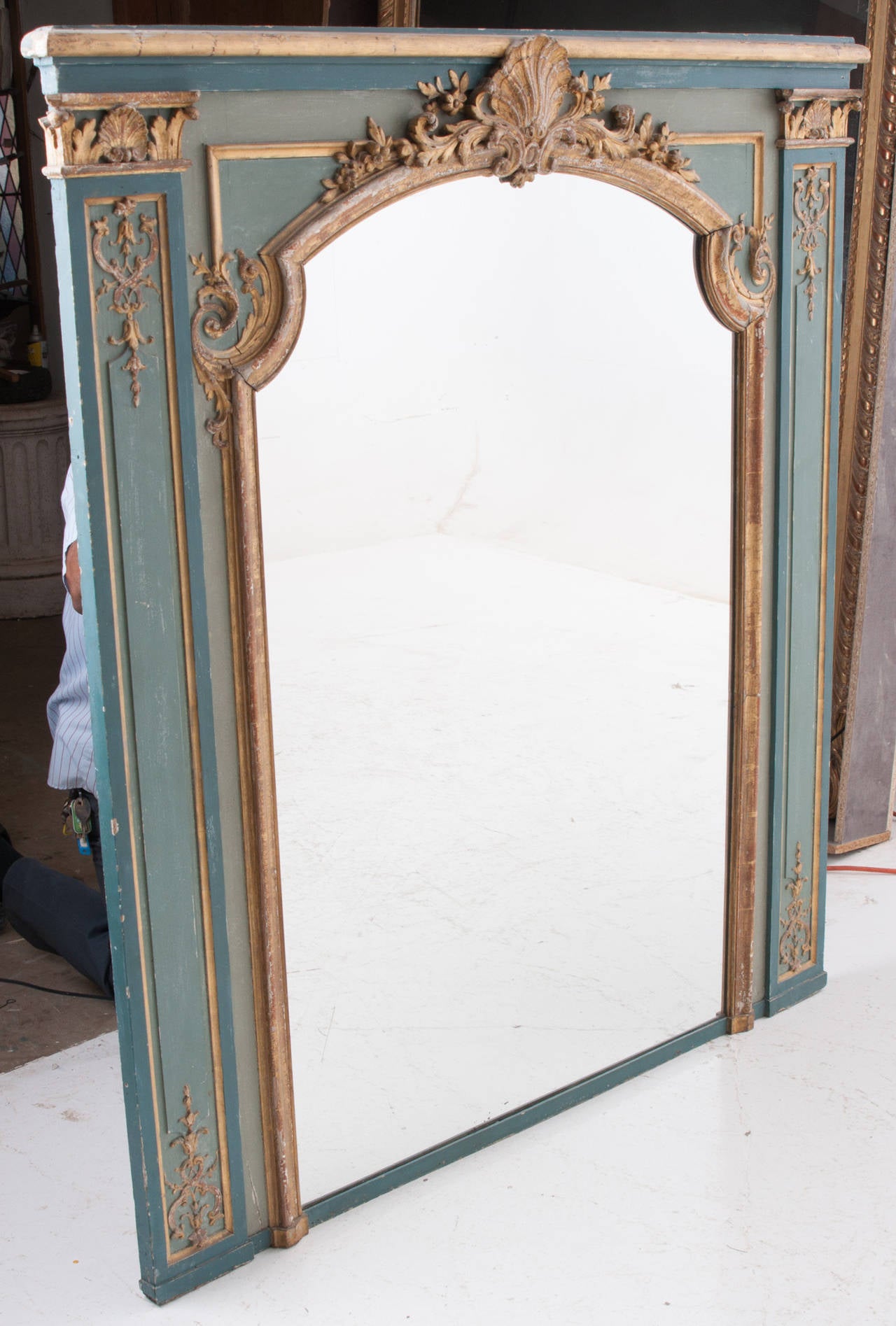 18th Century and Earlier French 18th Century Louis XV Painted and Gilt Trumeau Mirror