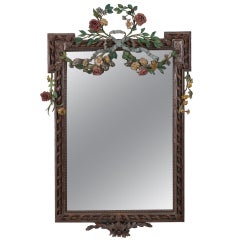 French Metal & Painted Flowers Mirror