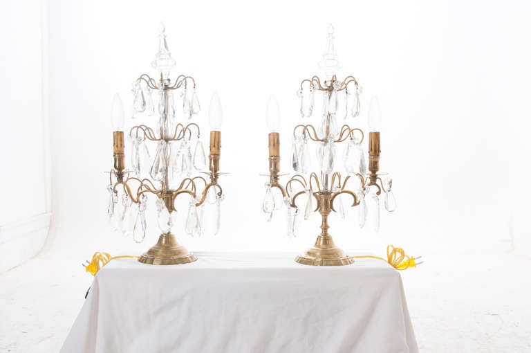 French 19th CenturyPair of Brass & Crystal 2-Light Candelabra Girandoles In Good Condition In Baton Rouge, LA