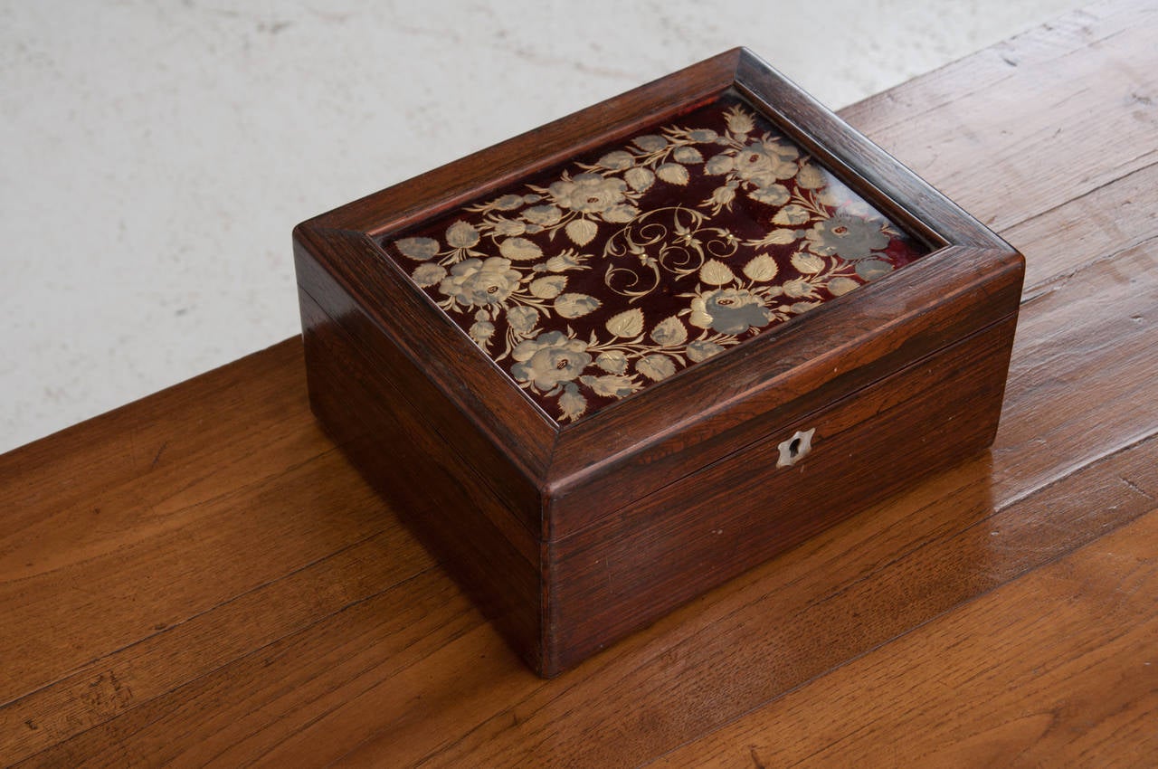 French Rosewood Box with decorative top in repousse  floral and foliate surrounding initials 