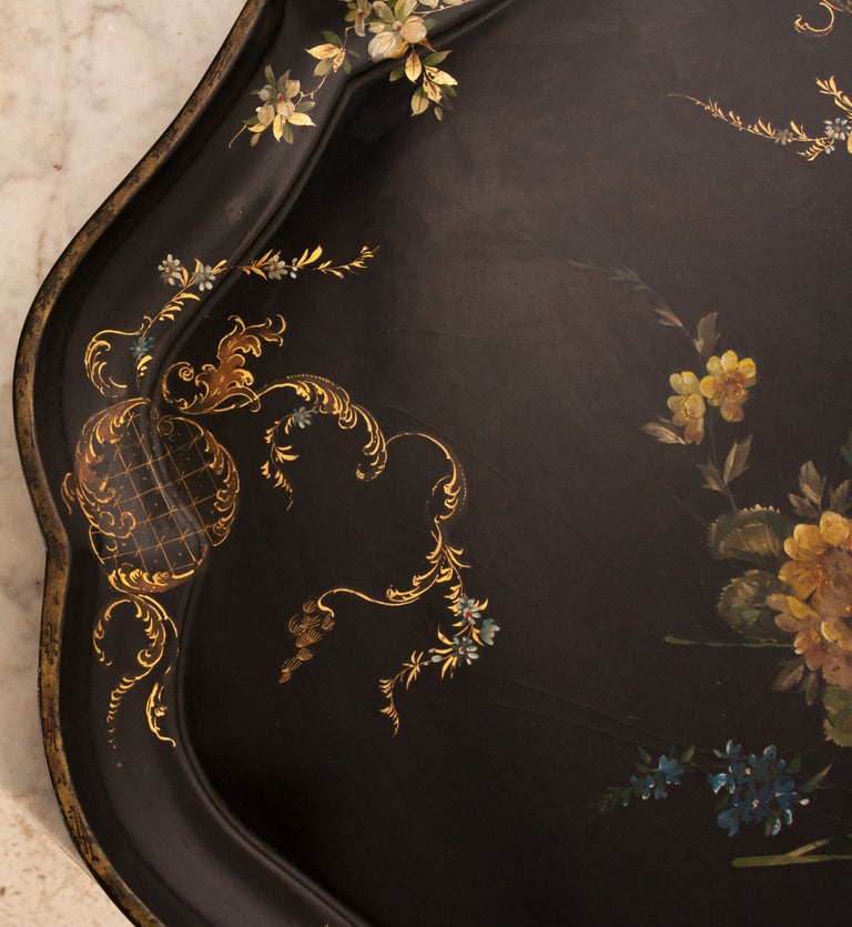 French English 19th Century Black Lacquer Tray