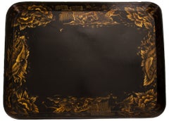English 1850s Papier Mache Black & Gold Tray