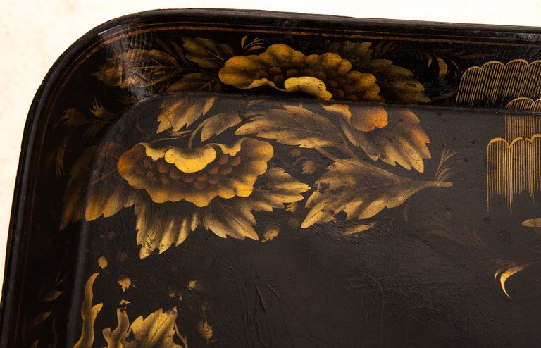 English 1850s Papier Mache Black & Gold Tray In Good Condition In Baton Rouge, LA