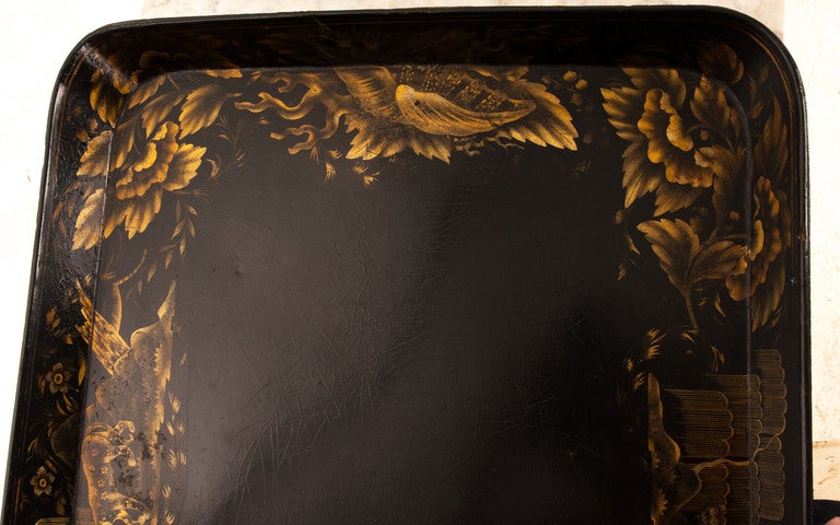 19th Century English 1850s Papier Mache Black & Gold Tray