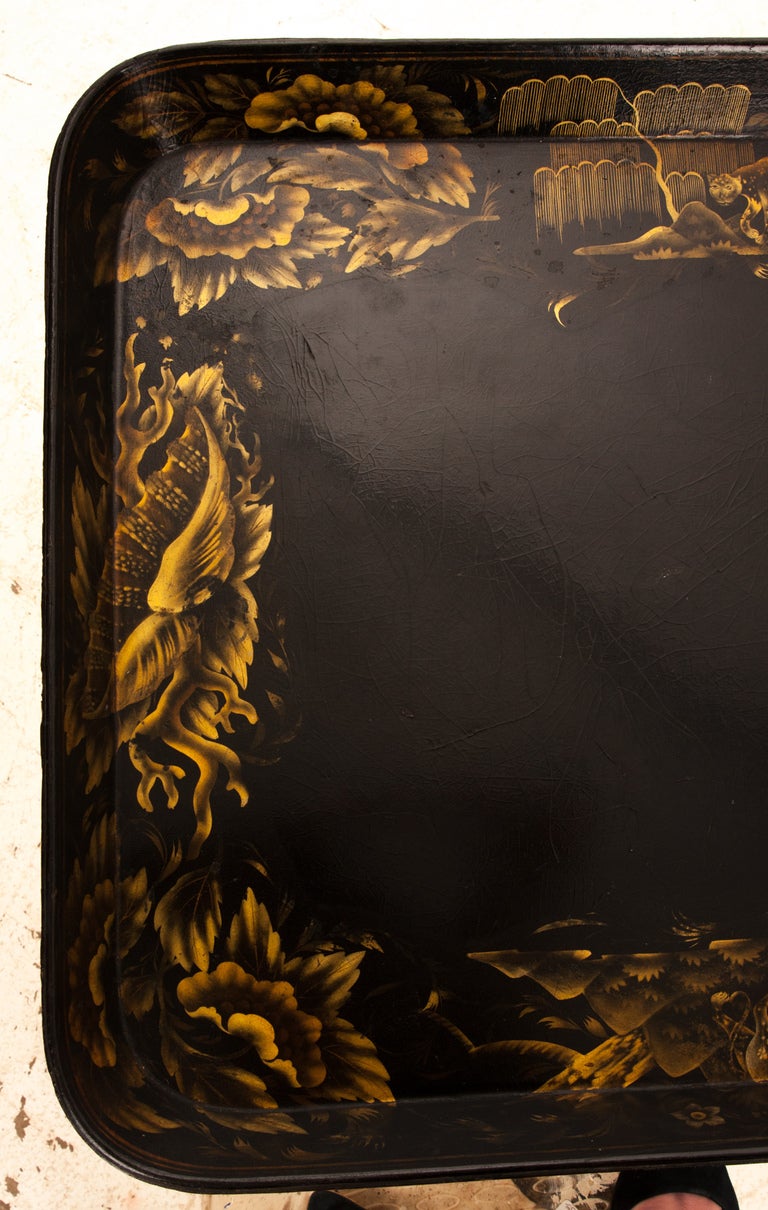 English 1850s Papier Mache Black & Gold Tray 1