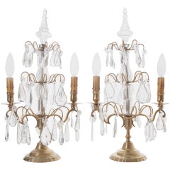 Antique French 19th CenturyPair of Brass & Crystal 2-Light Candelabra Girandoles