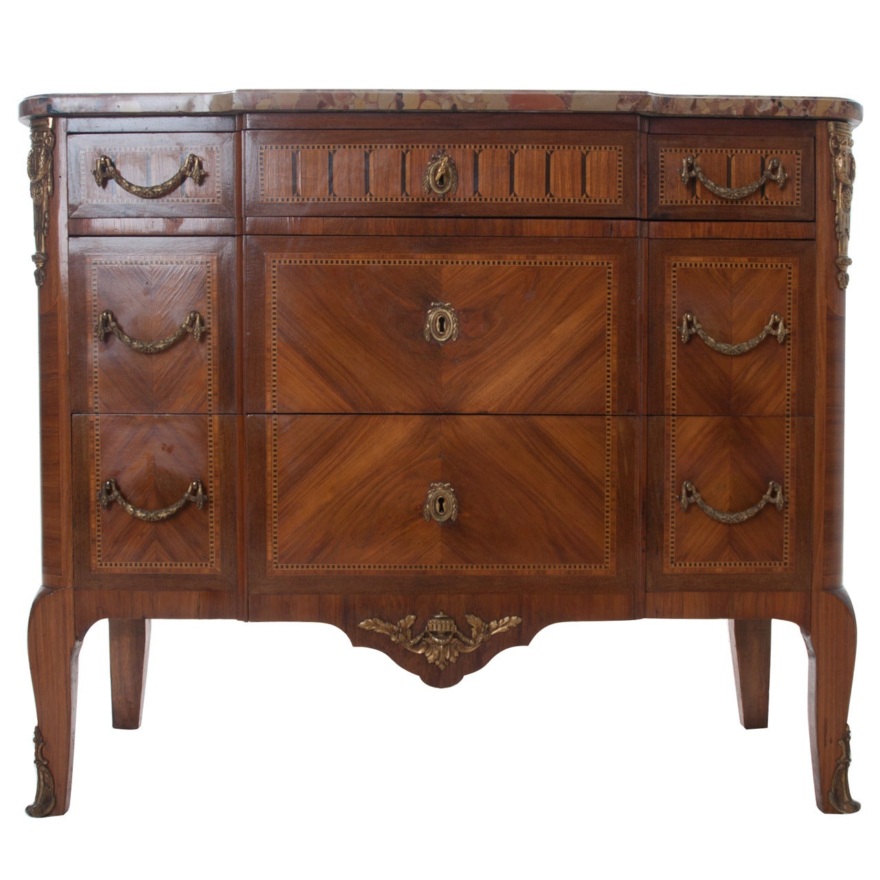 French 19th Century Marble Top & Wood Inlay Commode