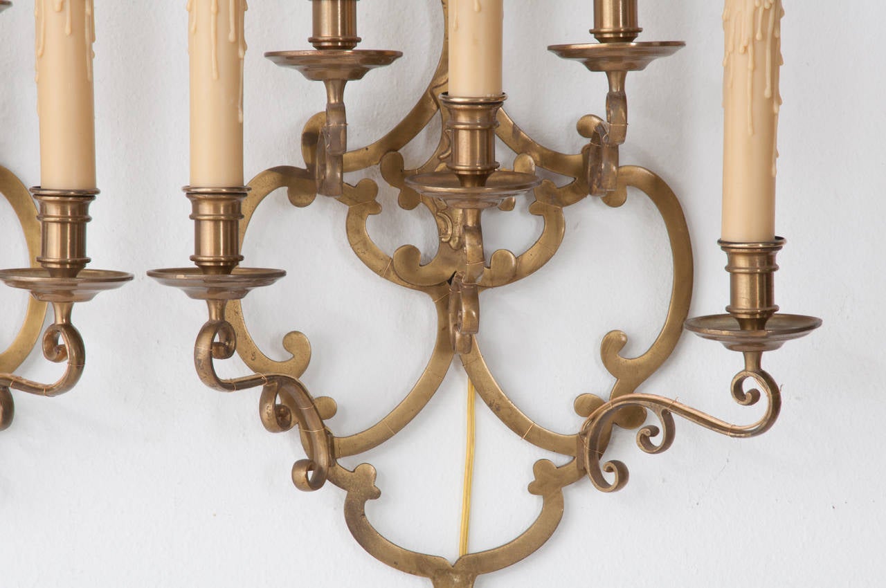 French Pair of 20th Century Brass Five-Light Sconces 6