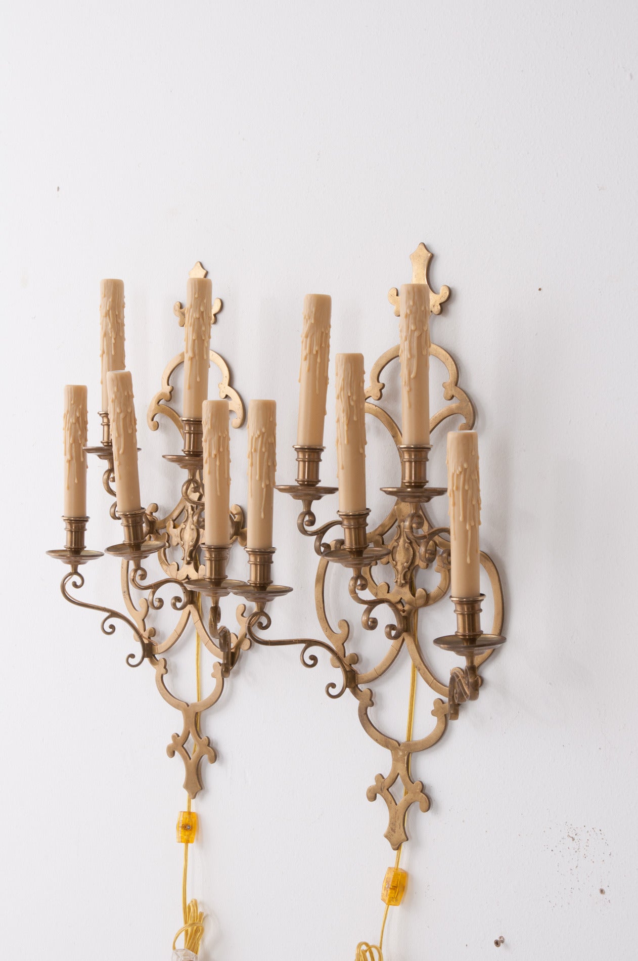 French Pair of 20th Century Brass Five-Light Sconces 1