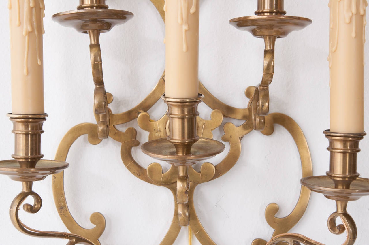French Pair of 20th Century Brass Five-Light Sconces 2