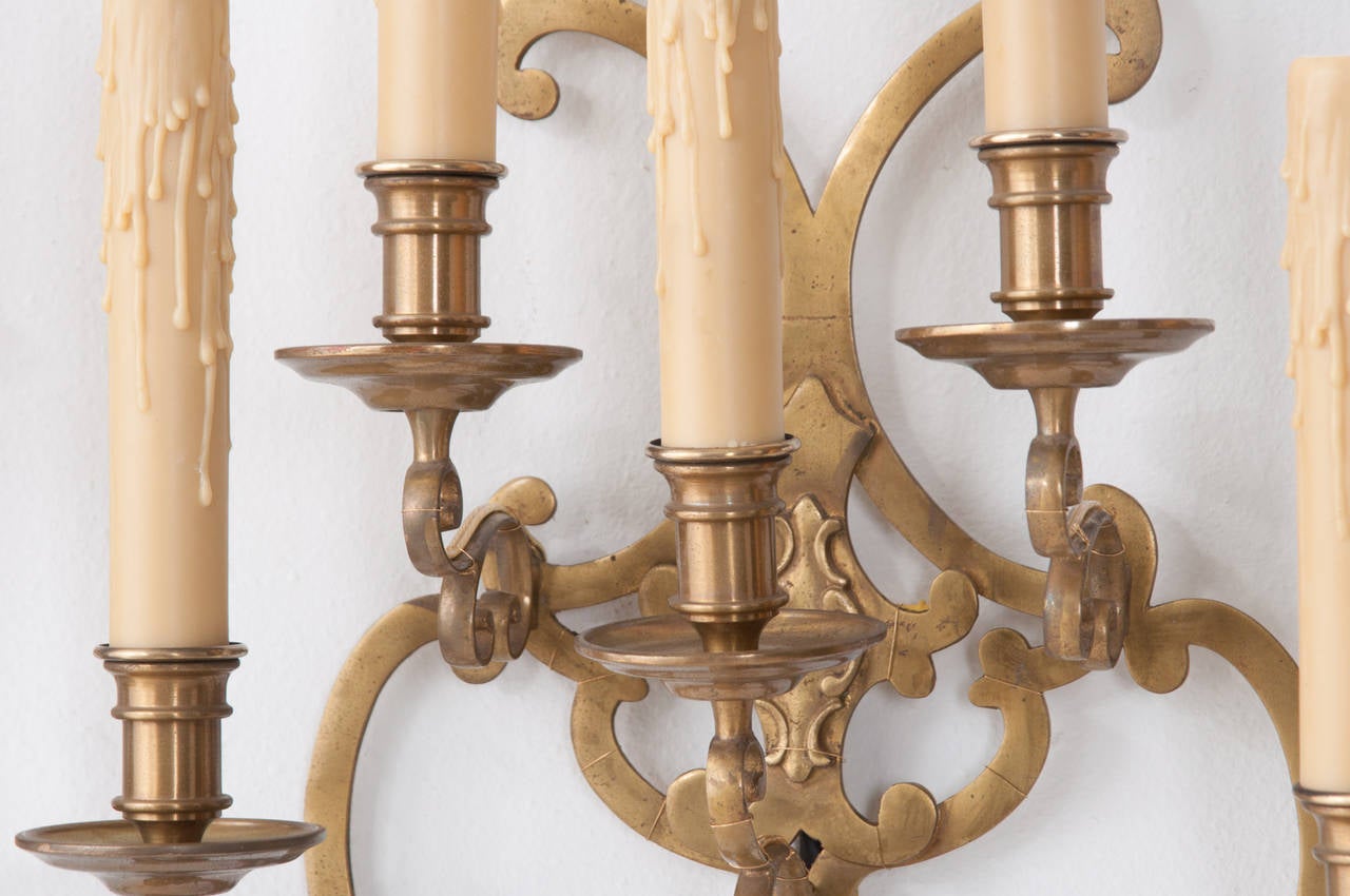 French Pair of 20th Century Brass Five-Light Sconces 4