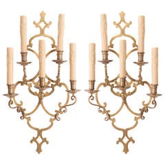French Pair of 20th Century Brass Five-Light Sconces