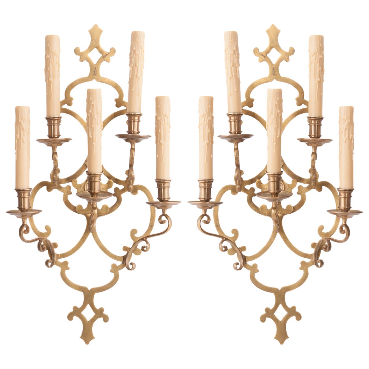 French Pair of 20th Century Brass Five-Light Sconces