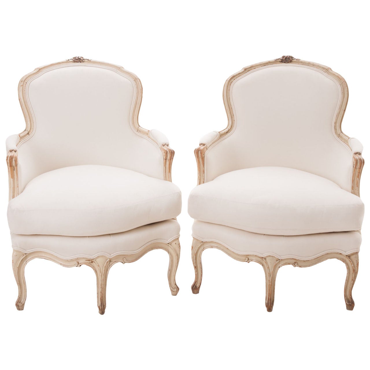 French Pair of 19th Century Louis XV Painted Bergeres