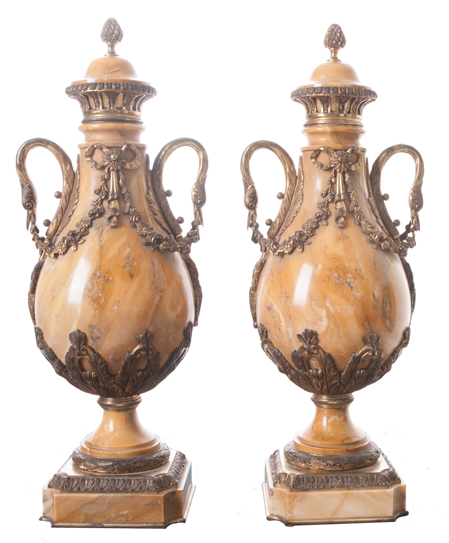 French 19th Century Pair of Yellow Marble and Bronze Cassolettes