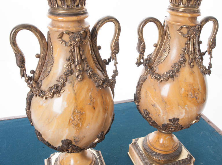 Brass French 19th Century Pair of Yellow Marble and Bronze Cassolettes