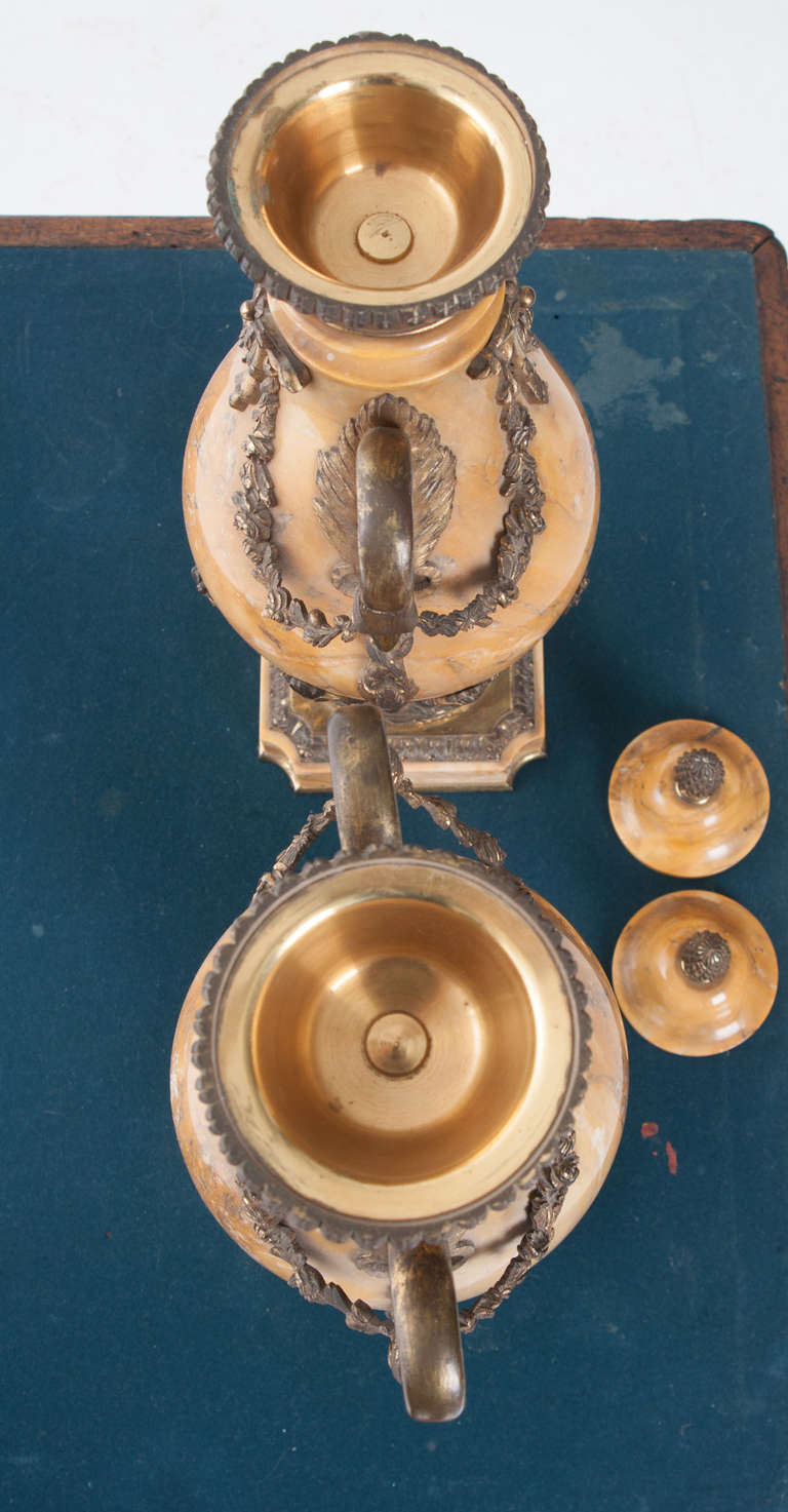 French 19th Century Pair of Yellow Marble and Bronze Cassolettes 2