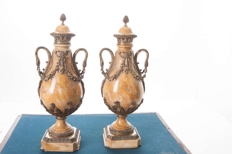 Superb pair of heavy marble and bronze-mounted French Cassolettes. Elegantly designed with rich, yellow/gold colors. Exceptional casting for the detailed swan neck handles, Mid-1800s very well preserved.