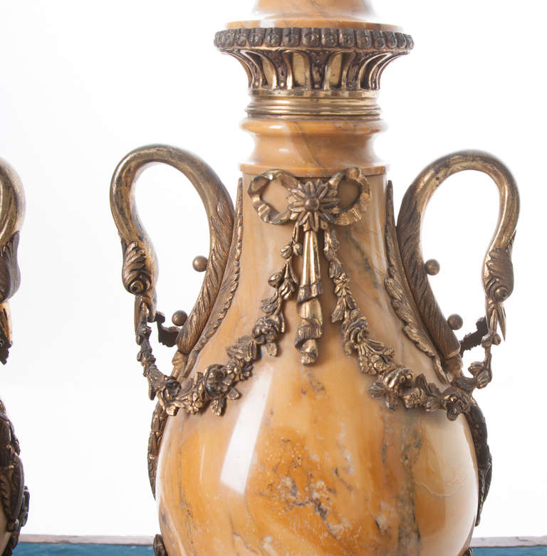 Carved French 19th Century Pair of Yellow Marble and Bronze Cassolettes