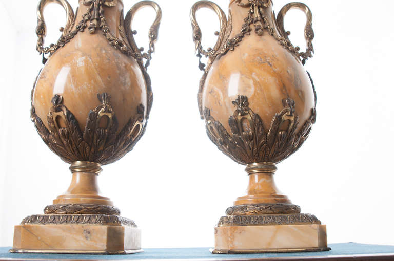 French 19th Century Pair of Yellow Marble and Bronze Cassolettes In Good Condition In Baton Rouge, LA