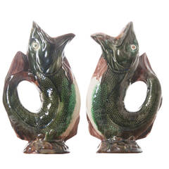 Antique English Pair of Majolica Gurgling Fish Pitchers