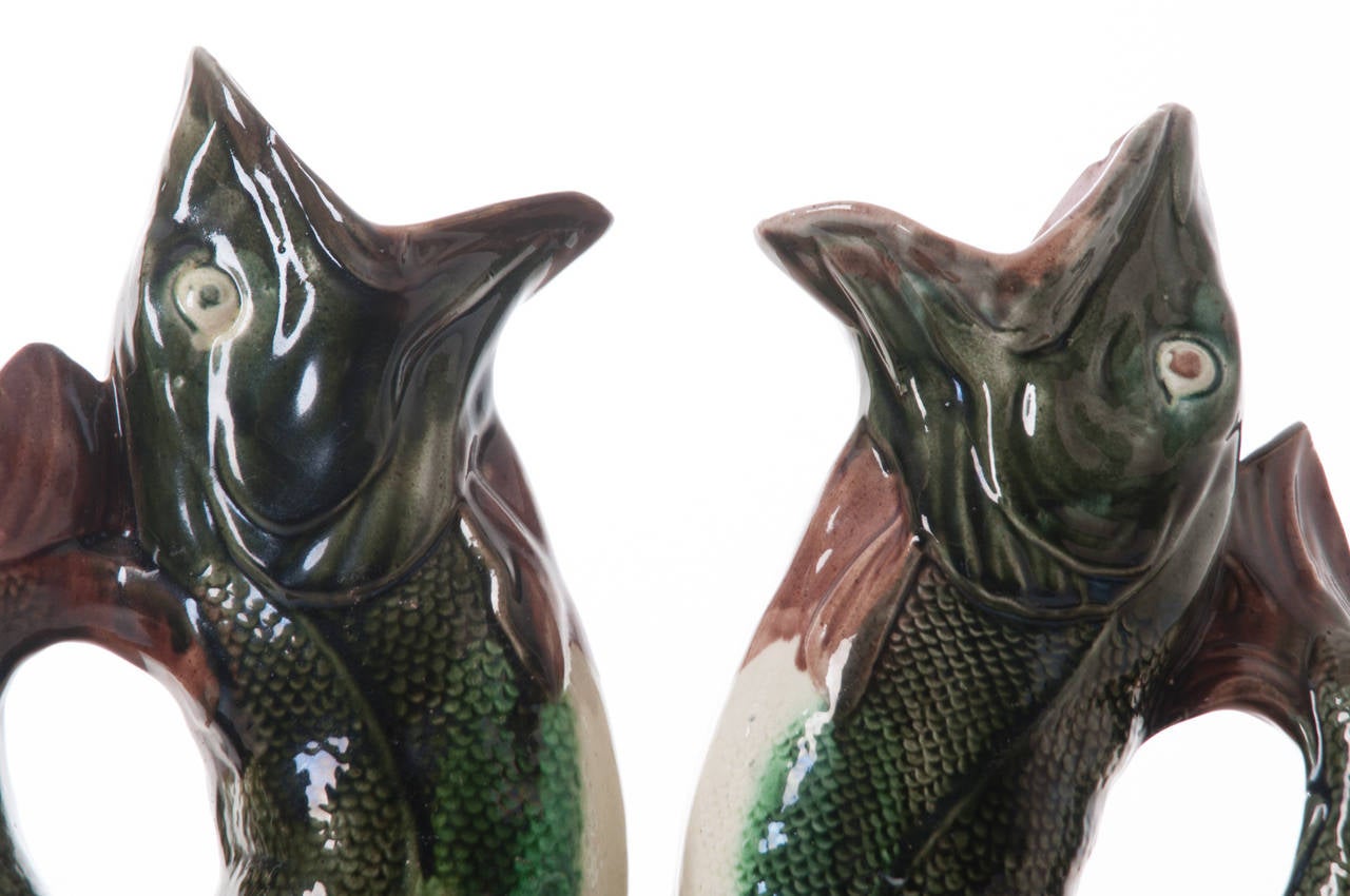 English Pair of Majolica Gurgling Fish Pitchers 1