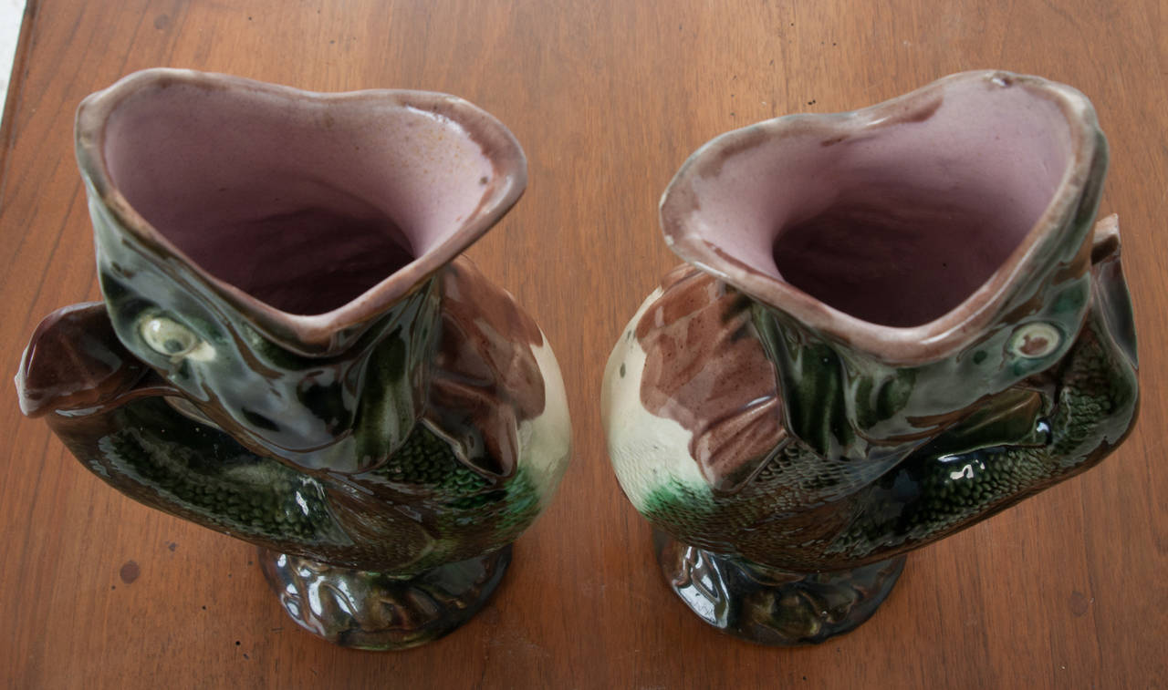 English Pair of Majolica Gurgling Fish Pitchers 3