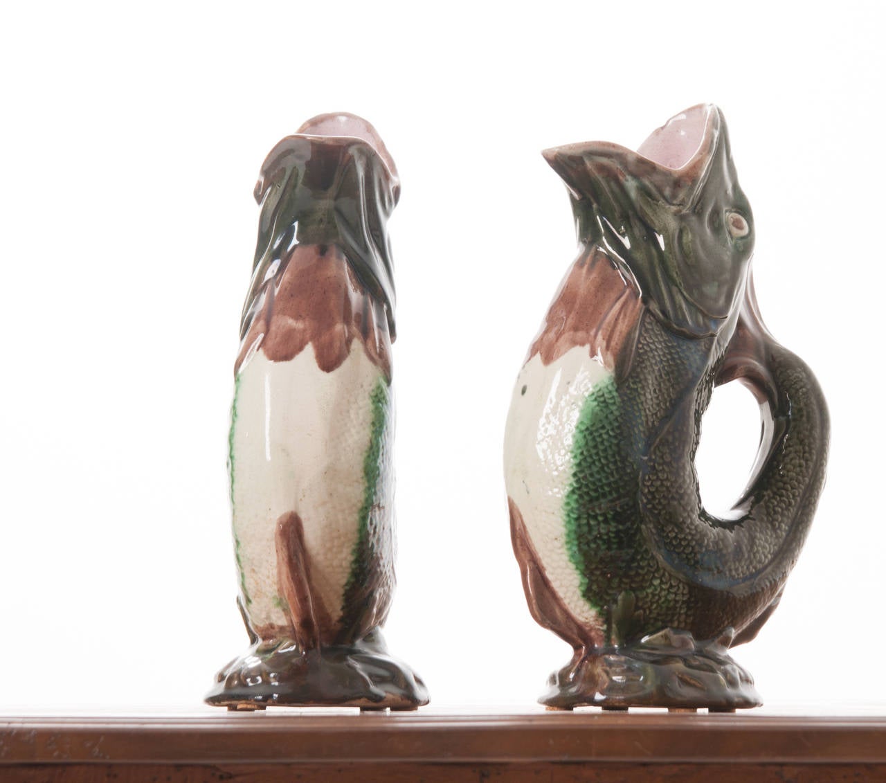 English Pair of Majolica Gurgling Fish Pitchers 2