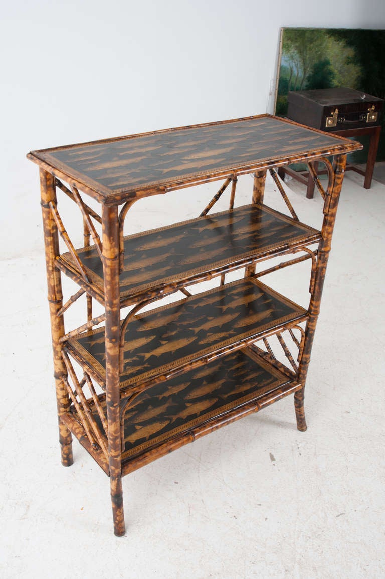 English Fish Decoupage Bamboo Bookcase at 1stDibs