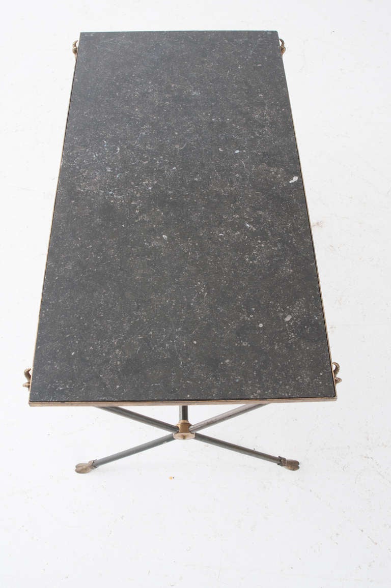 English 1920s Marble & Metal X Base Coffee Table In Excellent Condition In Baton Rouge, LA