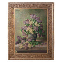 G. Corbier Oil Painting of Lilac Flowers with Carved Gilt Frame 1