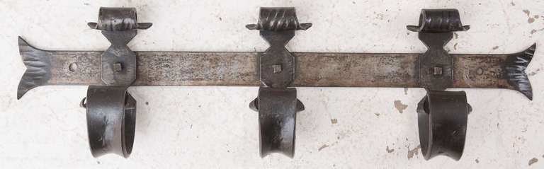 French Hand Forged Iron 3 Hook Wall Rack