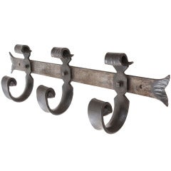 Antique French Hand Forged Iron 3 Hook Wall Rack