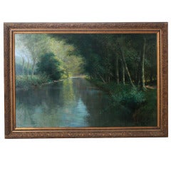 Large Framed Painting of Shaded French Canal