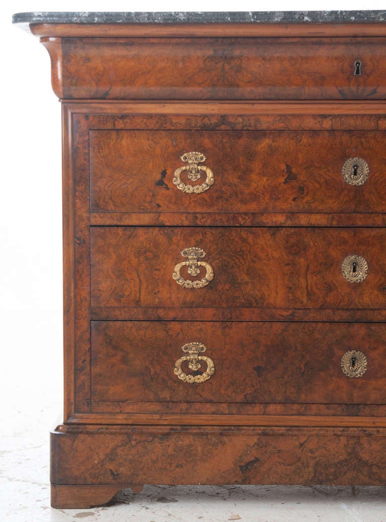 French 19th century burled walnut Louis Philippe commode. Wonderful old marble etched with bull nose rounded sides and front corners sits over burled walnut chest of four drawers with brass detailed pulls and escutcheon plates, the whole over