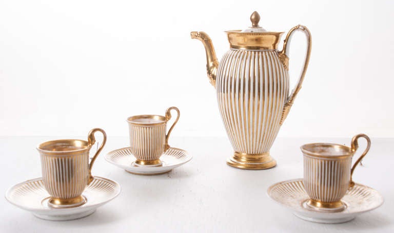 French Old Paris Coffee Pot & Cups with Saucers in white porcelian with classic gold gilt stripes
French 