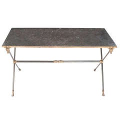 Antique English 1920s Marble & Metal X Base Coffee Table