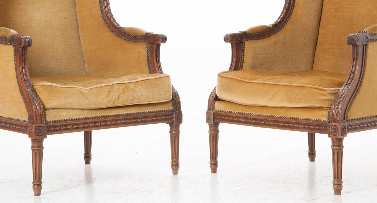 Pair of French 19th Century Carved Walnut Wingback Bergeres 3