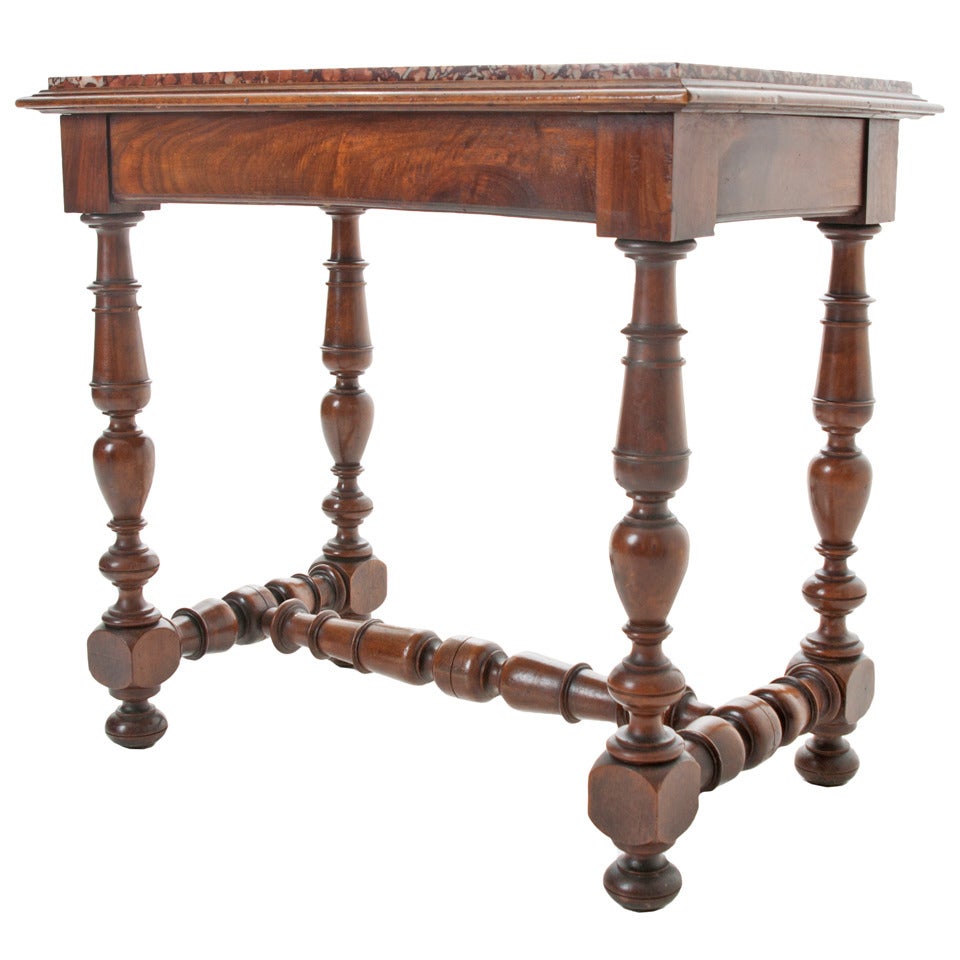 French 19th Century Marble Top & Turned Walnut Table