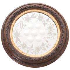 French 19th Century Bull's Eye Etched Glass Round Mirror 12