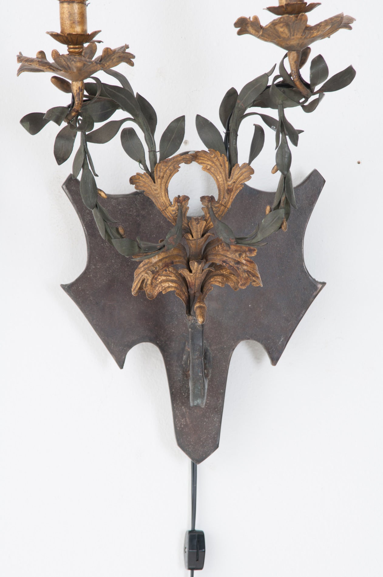 Pair of French Trumeau Sconces with Custom Shield Backplates