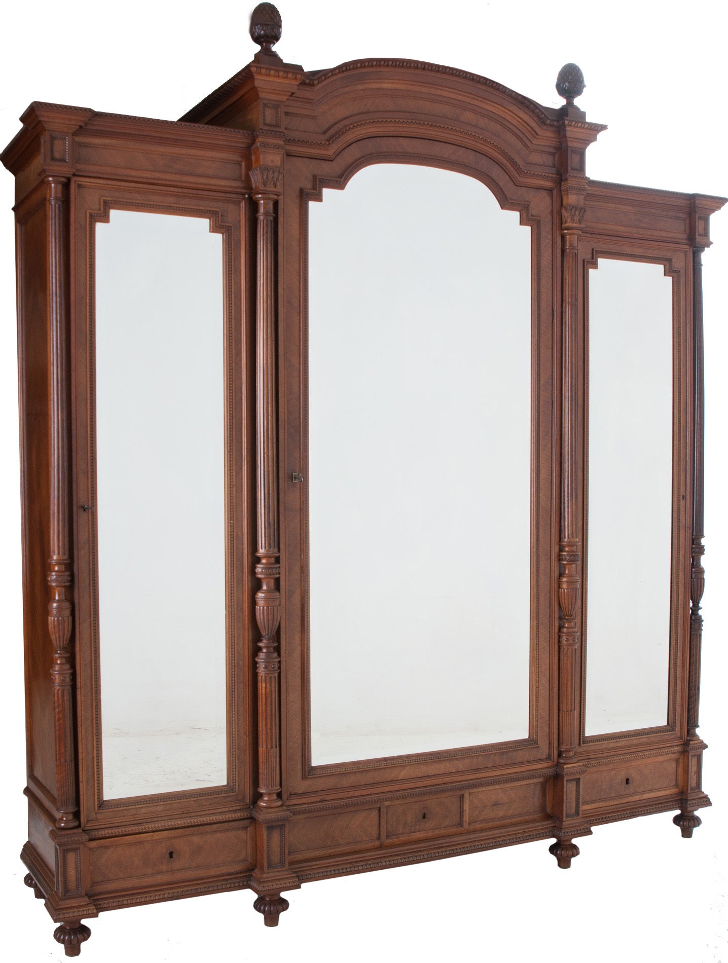 French Louis XVI Style Walnut 3 Door Mirror Front Armoire