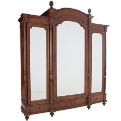 French Louis XVI Style Walnut 3 Door Mirror Front Armoire