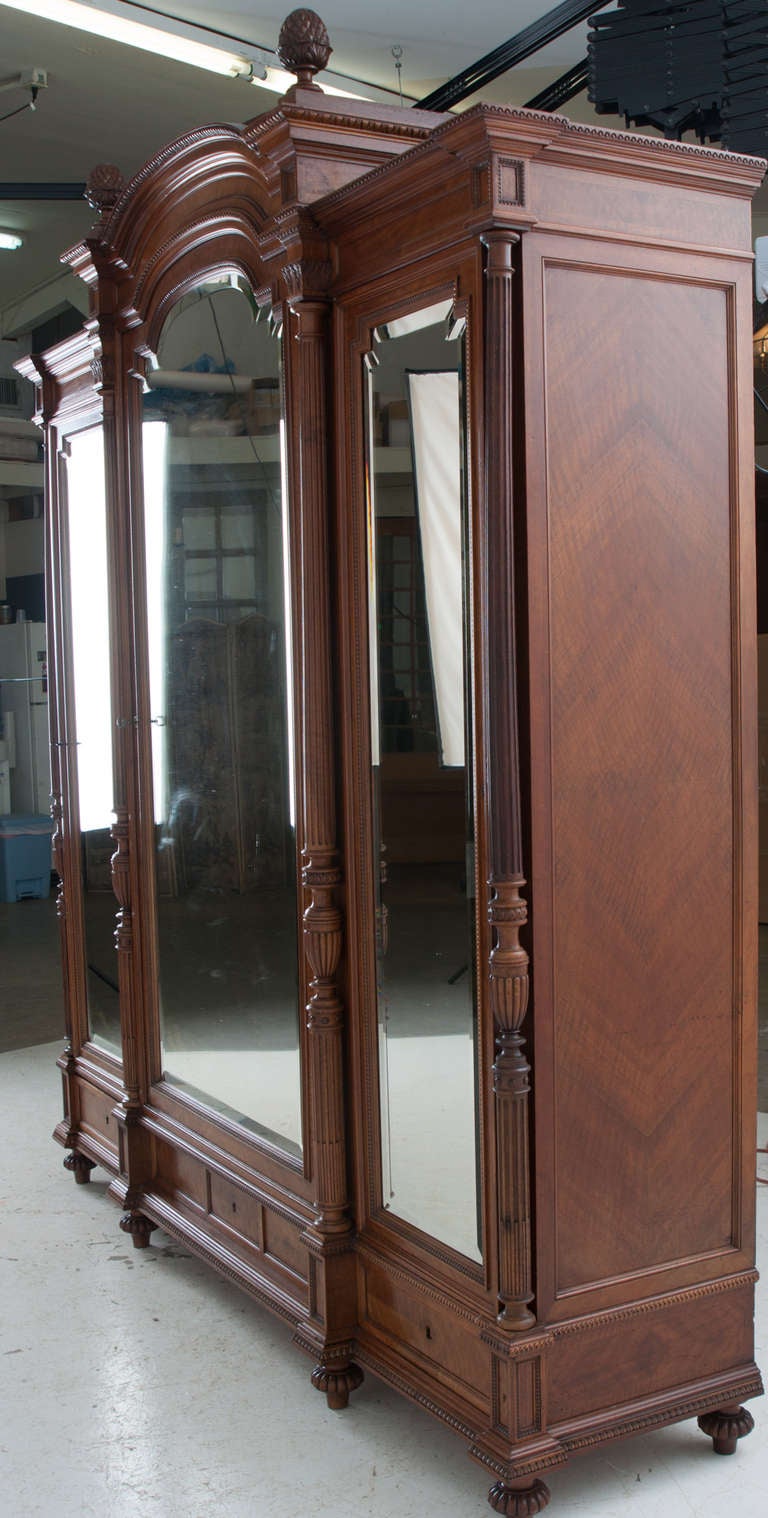 French Louis XVI Style Walnut 3 Door Mirror Front Armoire 3