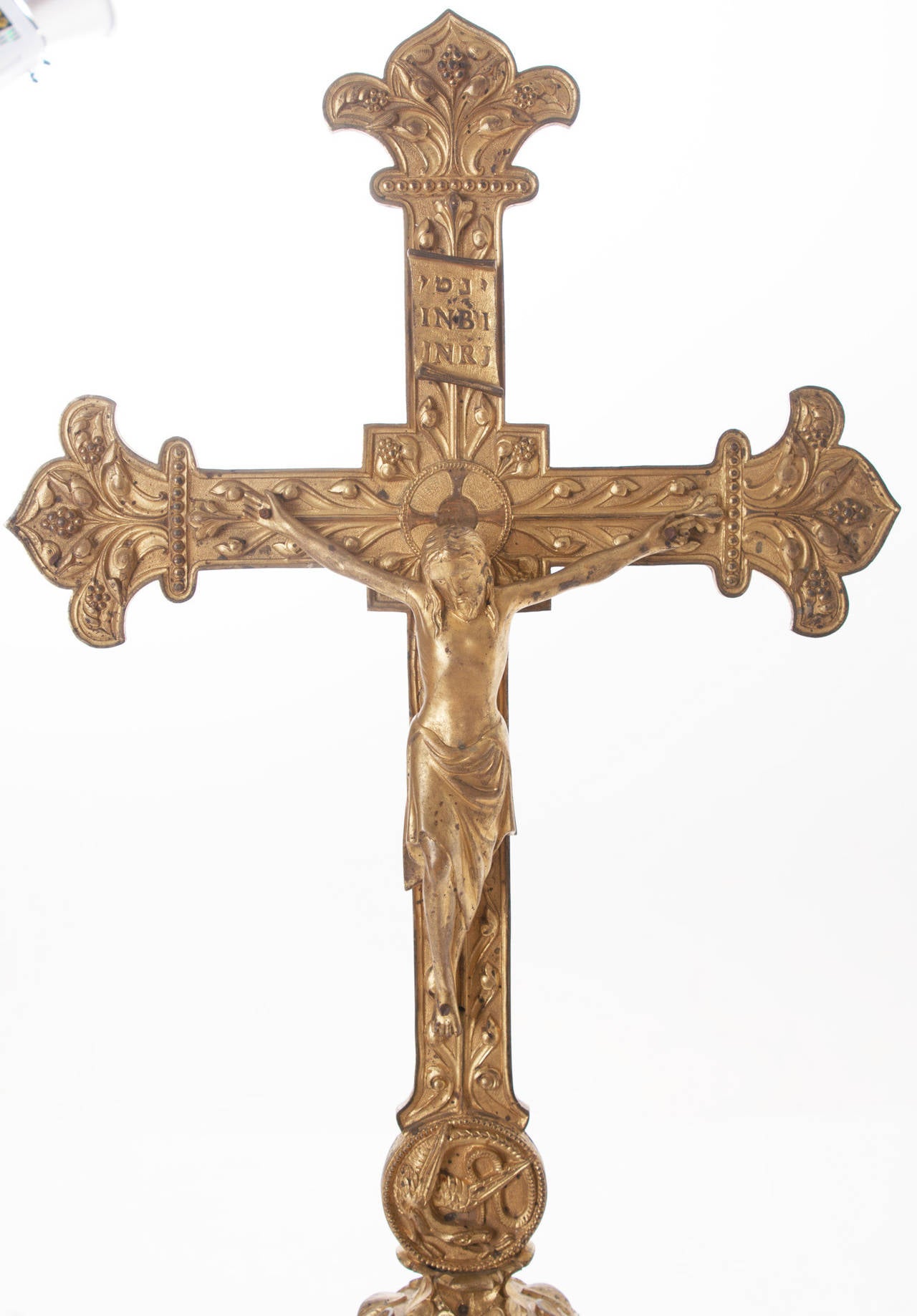 French tall brass crucifix from a church altar, wonderful detailing, dimensional cross on tripod spray feet.