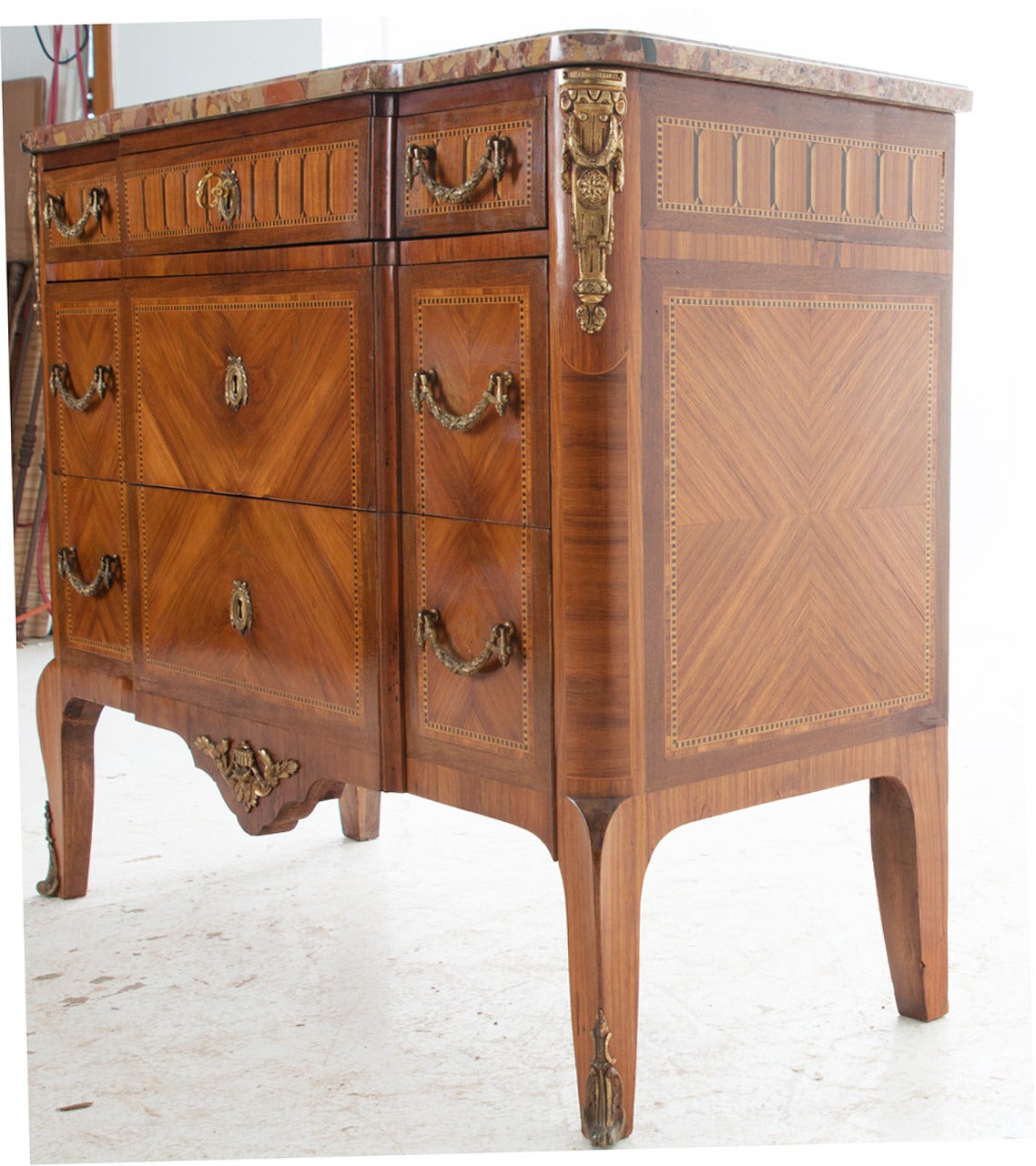 French 19th Century Marble Top & Wood Inlay Commode 1