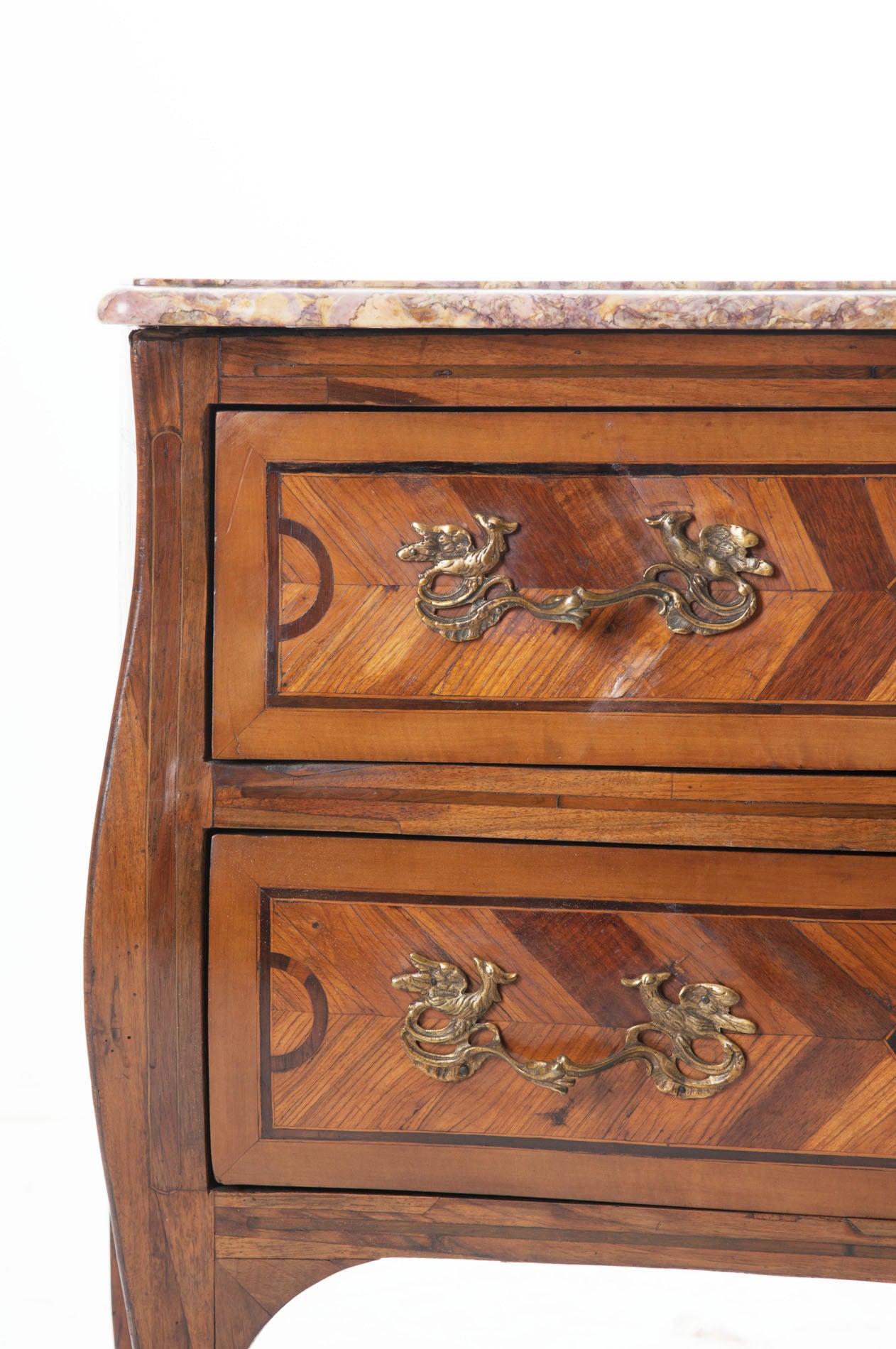 French Early 19th Century Louis XV Serpentine Inlay Commode with Marble Top 2
