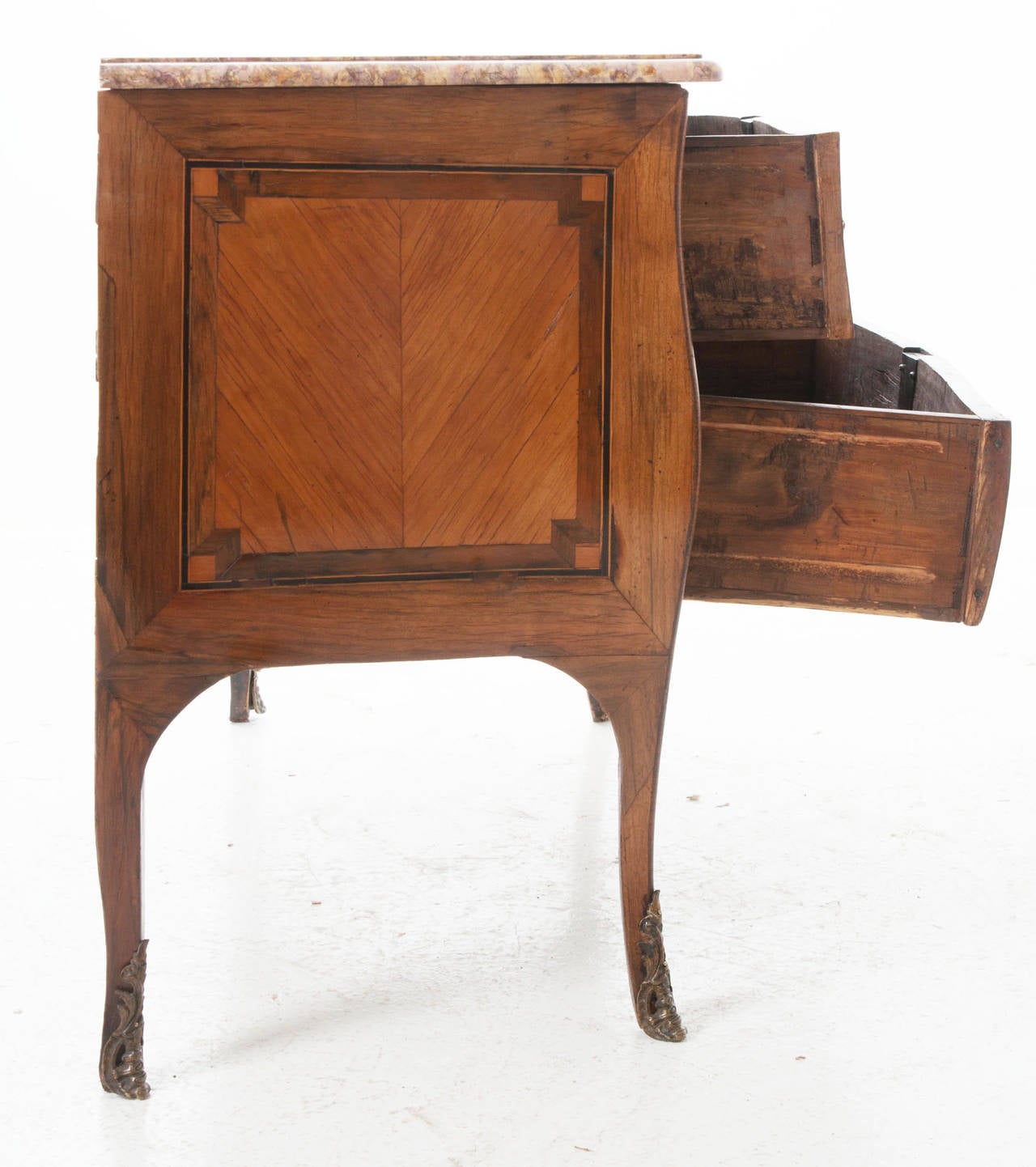French Early 19th Century Louis XV Serpentine Inlay Commode with Marble Top 4